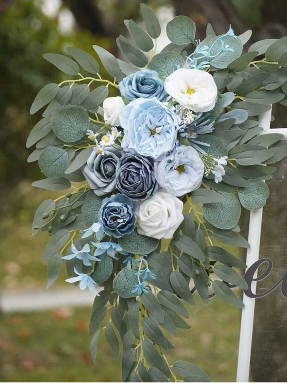 Blue and White Silk Floral Cascade Bouquet - Home Accents